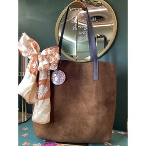 Unbranded Brown faux Suede Tote‎ Bag with Scarf and charm Accent Vegan Leather